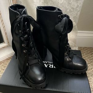 SCHUTZ Zhara chunky heel black leather lace up boots